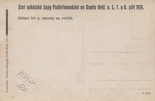 Slet sokolské župy Podkrkonošské ve Dvoře Král. n. L. 7. a 8. září 1919