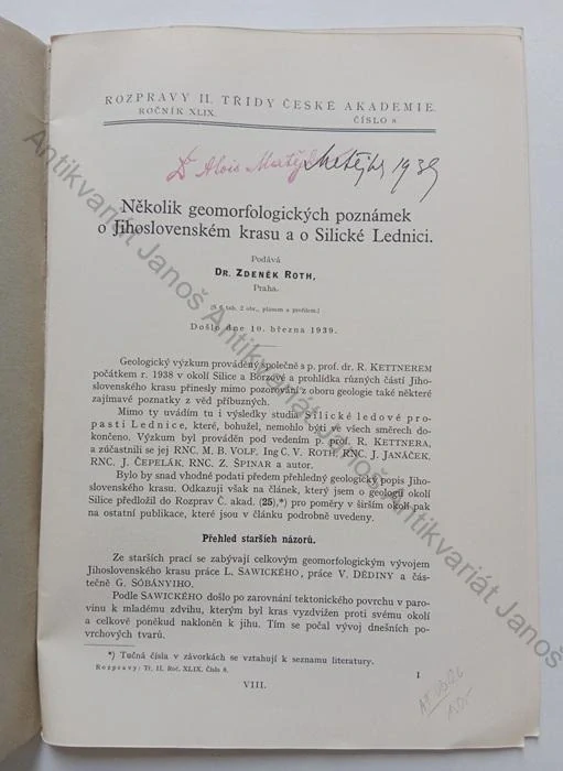 Rozpravy II. třídy České akademie, roč. XLIX, č. 8: Roth - Několik geomorfologických poznámek o Jihoslovenském krasu a o Silické Lednici